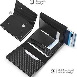 Black Wallet with Air Tag Holder Genuine Leather RFID Credit Card Money Holder